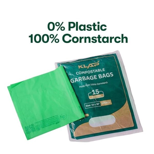 KLAP Compostable Garbage-Dustbin Bag | 100% cornstarch and 0% plastic | Fully Biodegradable| 40-micron thickness Leak Proof, Tear Resistant| Green Color Dustbin Bag (Small PACK OF 3 | 45 BAGS)