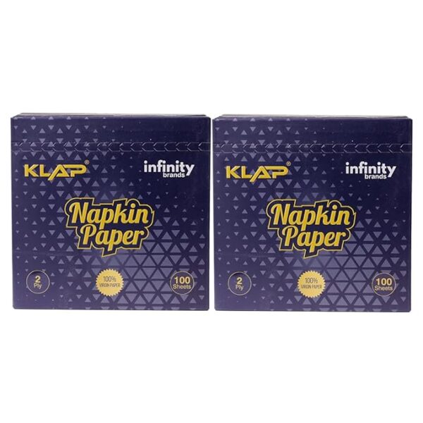 KLAP 2 PLY Napkin Paper Tissue | 100% Natural Virgin Paper | 100% Biodegradable | Highly Absorbent, Soft & Conveninet Food Contact Safe | 100 Sheet Per Pack, 30x30cm | (Pack of 2)