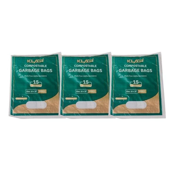KLAP Compostable Garbage-Dustbin Bag | 100% cornstarch and 0% plastic | Fully Biodegradable| 40-micron thickness Leak Proof, Tear Resistant| Green Color Dustbin Bag (Small PACK OF 3 | 45 BAGS)